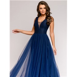 Платье темно-синее длины макси с кружевной отделкой без рукавов