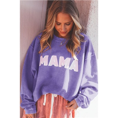 Purple MAMA Ribbed Crew Neck Pullover Sweatshirt