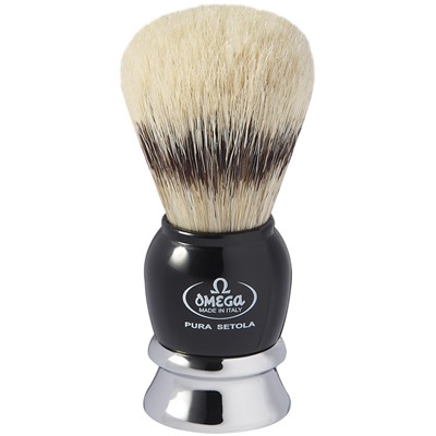 Помазок для бритья Omega 11648 Pure bristle shaving brush. Натуральная щетина, имитация барсука. (ручка Черная/ Серебро) (Италия)