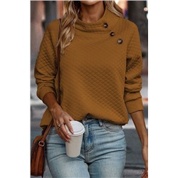 Chestnut Quilted Buttoned Neckline Stand Neck Pullover Sweatshirt