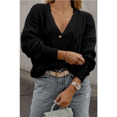 Black Plus Size Knitted Hollow out Button up Cardigan