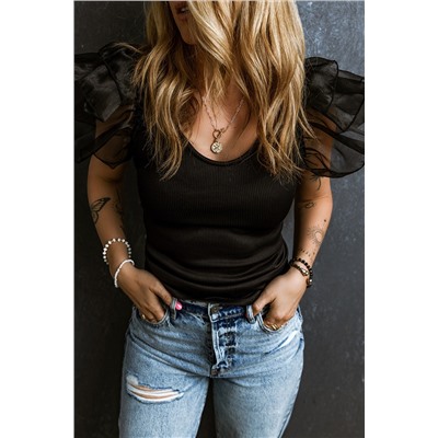 Black Mesh Flutter Sleeve Ribbed Knit Top