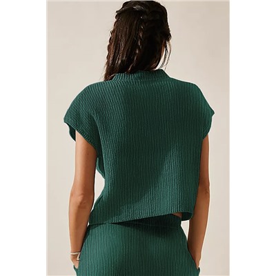 Blackish Green Chest Pocket V Neck Ribbed Cap Sleeve Sweater