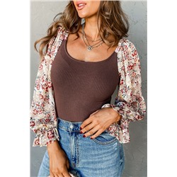 Coffee Ribbed Knit Floral Bubble Sleeve Bodysuit