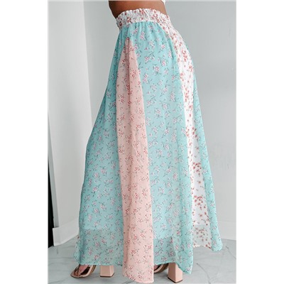 Голубая юбка-макси с цветочным принтом в стиле колорблок