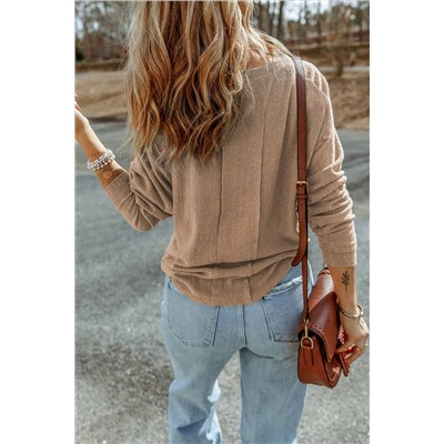 Apricot Button Split Neck Retro Patchwork Long Sleeve Top