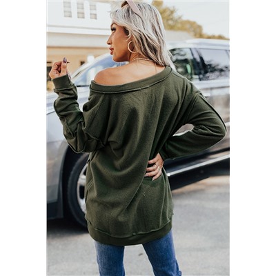 Green Expose Seam Detail Split Neck Long Sleeve Top