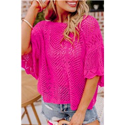 Rose Red Pointelle Knit Scallop Edge Short Sleeve Top