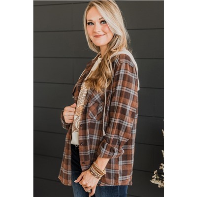 Brown Plus Size Plaid Contrast Button up Hooded Jacket