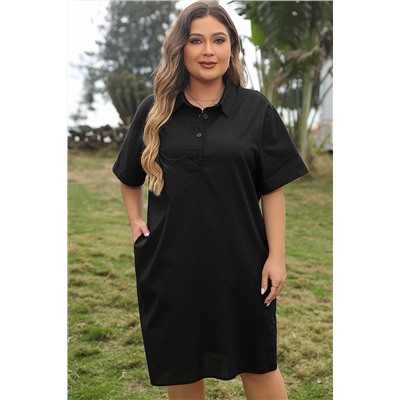 Black Plus Size Shirt Collar Buttoned Short Sleeve Shift Dress