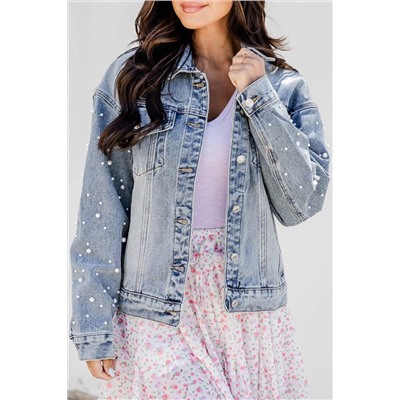 Sky Blue Pearl Beaded Chest Pockets Buttoned Denim Jacket