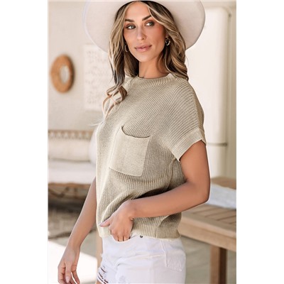 Pale Khaki Patch Pocket Short Sleeve Sweater