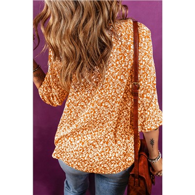 Russet Orange Floral Print Smocked Tie Neck Blouse