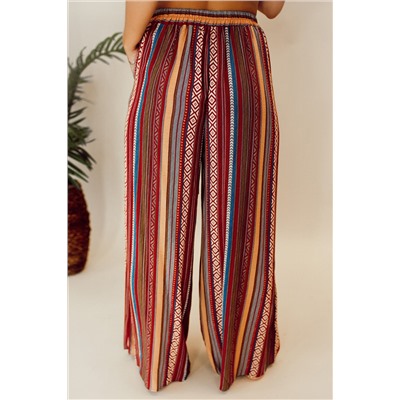 Red Boho Ethnic Striped Print Tie Waist Wide Leg Pants