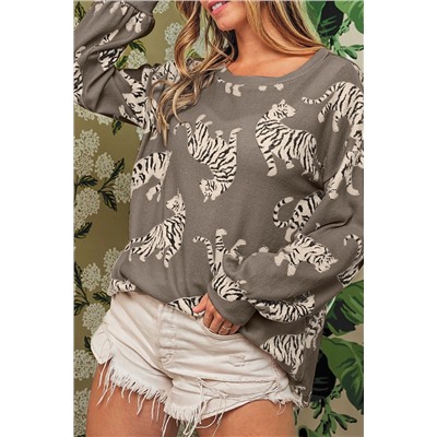 Simply Taupe Lively Tiger Print Casual Sweatshirt