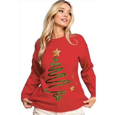 Fiery Red Sequined Christmas Tree Sketch Drop Shoulder Sweater