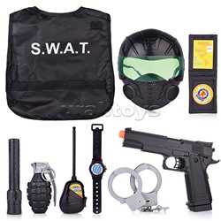 Набор полицейского (желет, каска, оружие, часы, рация, значок, наручники) в пакете