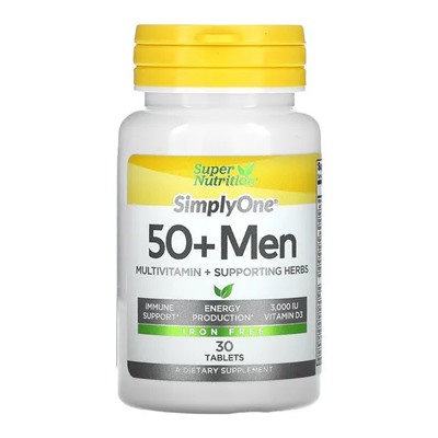 Super Nutrition, SimplyOne, мультивитамины и полезные травы для мужчин старше 50 лет, без железа, 30 таблеток