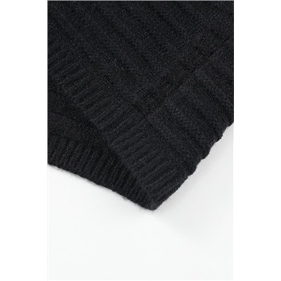 Black Horizontal Rib Knitted Open Front Hooded Cardigan