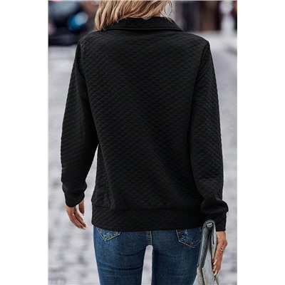 Black Solid Half Zipper Quilted Pullover Sweatshirt