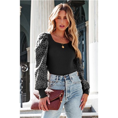 Black Flower Puff Sleeve Ribbed Knit Top