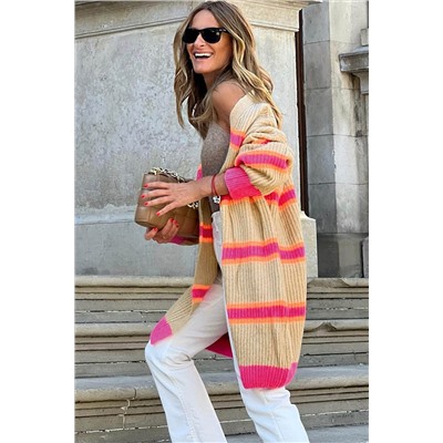 Stripe Printed Ribbed Long Knitted Cardigan