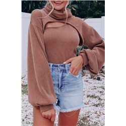 Brown Corded One Shoulder Tank with Puff Sleeve Bolero Set