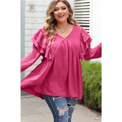 Pink Crinkle Ruffled V Neck Plus Size Blouse