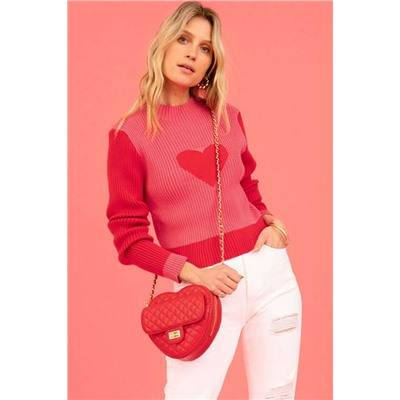 Fiery Red Mock Neck Colorblock Valentine Heart Ribbed Sweater