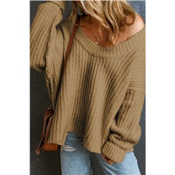 Khaki Ribbed Knit Round Neck Slouchy Chunky Sweater