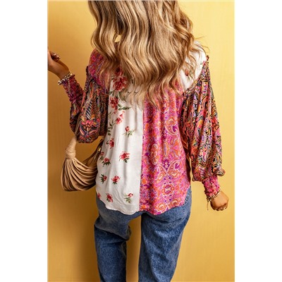 Pink Multicolor Floral Patchwork Shirred Cuffs Buttoned Blouse