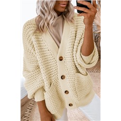 Beige Chunky Textured Knit Pocketed V Neck Cardigan