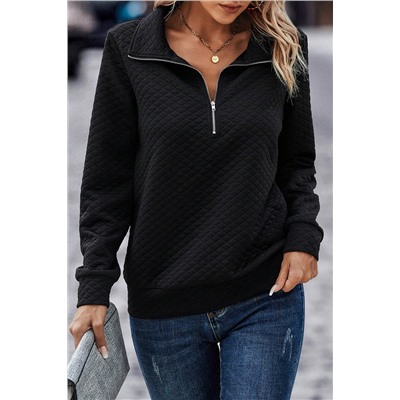 Black Solid Half Zipper Quilted Pullover Sweatshirt