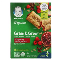 Gerber, Organic, Grain & Grow, мягкие запеченные зерновые батончики, от 12 месяцев, со вкусом малины и граната, 8 батончиков в индивидуальной упаковке