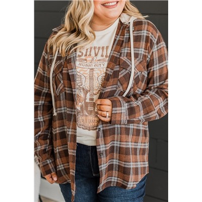 Brown Plus Size Plaid Contrast Button up Hooded Jacket