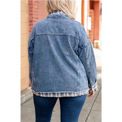 Sky Blue Plaid Hem Splicing Plus Size Denim Jacket