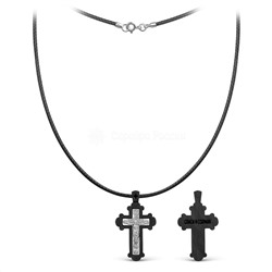 Крест из дерева граб на вощёном шнурке с элементом из чернёного серебра и родированием - Распятие 3 см ГК-019