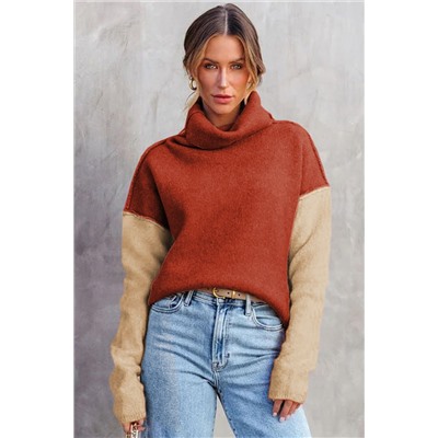 Clay Red Color Block Turtle Neck Drop Shoulder Knit Sweater