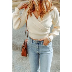 Beige Ribbed Long Sleeve Surplice Crop Sweater