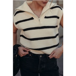 White Stripe Zipped Collar Cap Sleeve Knit Top