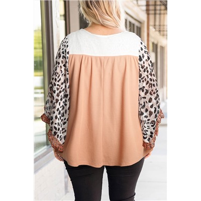 Khaki Printed Plus Ruffle Leopard Sleeve Waffled Color Block Top