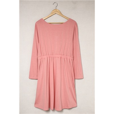 Pink Solid Button Front Plus Size Long Sleeve Dress