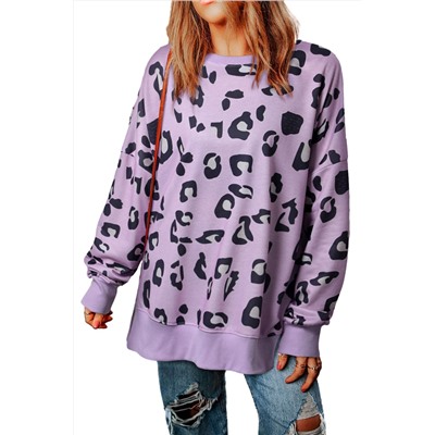 Leopard Print Drop Shoulder Slit Oversized Sweatshirt