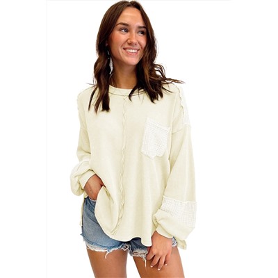 White Exposed Seam Patchwork Bubble Sleeve Waffle Knit Top