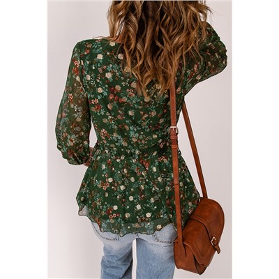 Green Floral Print Wrap V Neck Peplum Top