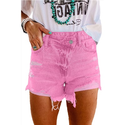 Розовые джинсовые шорты с карманами и ассиметричной застежкой