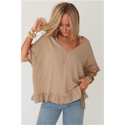 Light French Beige Loose Ruffled V Neck Blouse