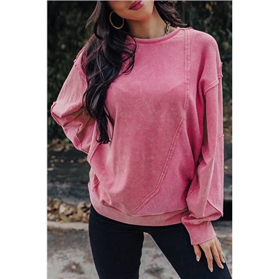 Pink Exposed Seam Waffle Knit Patchwork Sweatshirt