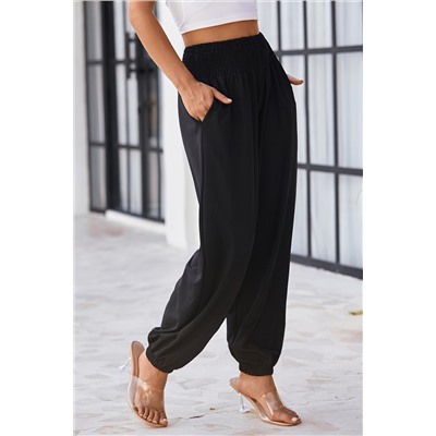 Black Smocked High Waist Joggers