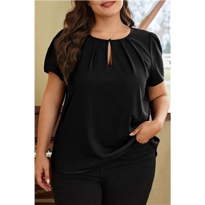 Black Keyhole Pleated Crew Neck Plus Size T Shirt